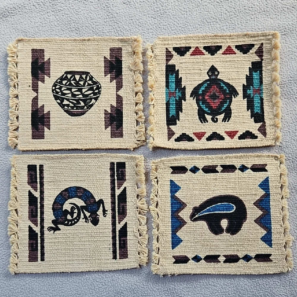Handpainted Southwestern Handwoven Fringe Coasters Mug Rugs Set of 4